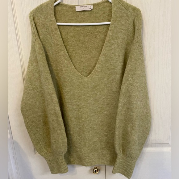Cream Light Sage Green V-Neck Pullover - Picture 6 of 13